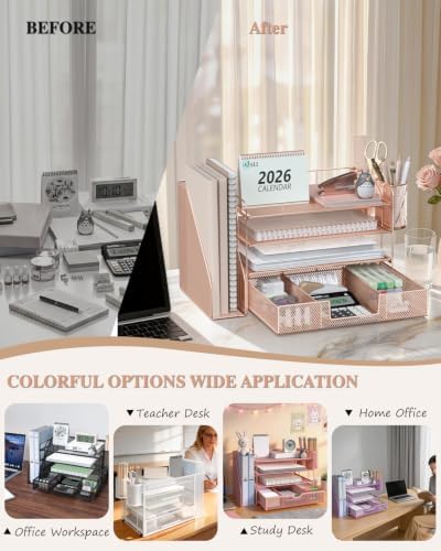 WALI Desk File Organizer, 4 Tier Desktop Paper Letter Tray Organizer with Drawer and 2 Pen Holders, Office Desk Accessories & Workspace Organizers for Office, Home, School Supplies, 1 Pack, Rose Gold