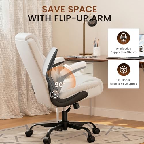GTPLAYER PU Leather Office Chair, Home Desk Chair with Flip-up Arms, White