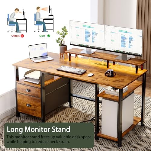 Furologee 51" Computer Desk with Outlets & LED, Desk with Drawers, Brown