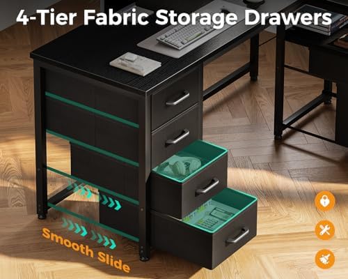 Coleshome 55 Inch L Shaped Office Desk with 6 Drawers, Power Outlet, Black