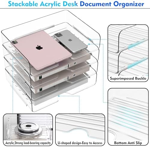 Paper Organizer Letter Tray, 4-Pack Acrylic File Organizer, Clear