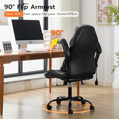 Ylzyxal Office Desk Chair, Ergonomic Computer Chair with Padded Flip-Up Arms and Adjustable Lumbar Support, PU Leather Executive Chair with Tilt Lock and 360° Swivel Rolling Wheels for Work, Study