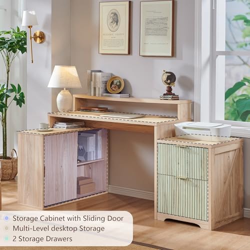 67" Modern Desk with Cabinet & 2 Drawers, Office Desk Built‑in Outlet