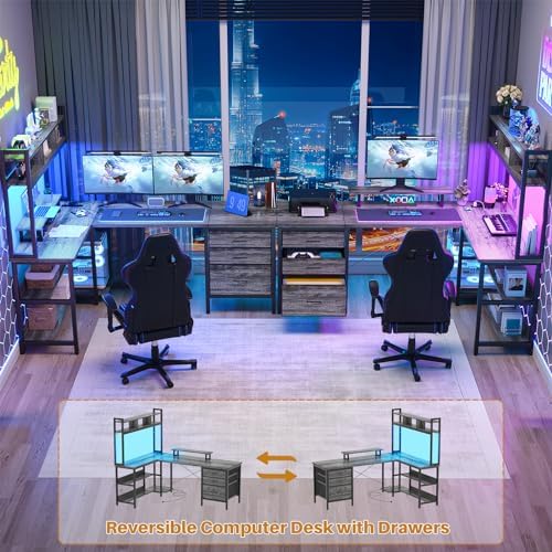 Aheaplus L Shaped Desk with Hutch, Gaming Desk with Led Lights, Reversible Computer Desk with Power Outlet, Corner Desk with File Drawer & Monitor Stand, Storage Shelves for Home Office, Black Oak