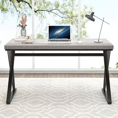 FOLUBAN Modern Desks, Rustic Wood and Metal Computer Desk for Home Office, Simple Study Writing Work PC Table for Bedroom Living Room, Light Grey, 47 Inch