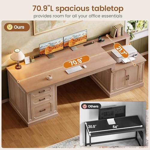 SEDETA Farmhouse 70.9" Executive Desk, Home Office Desk with File Drawers and Storage Cabinet, Computer Desk with Power Outlet for Home Office, Work Study Writing, Oak