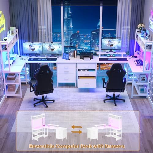 Aheaplus L Shaped Gaming Desk with Hutch, Gaming Desk with Led Lights, Reversible Computer Desk with Power Outlet, Corner Desk with File Drawer & Monitor Stand, Storage Shelves for Home Office, White
