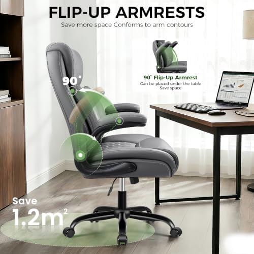 Office Chair, Ergonomic Executive Desk Chair with Lumbar Support for Lower Back Pain Relief, Padded Flip-Up Armrests, Leather Home Office Chair, Gray