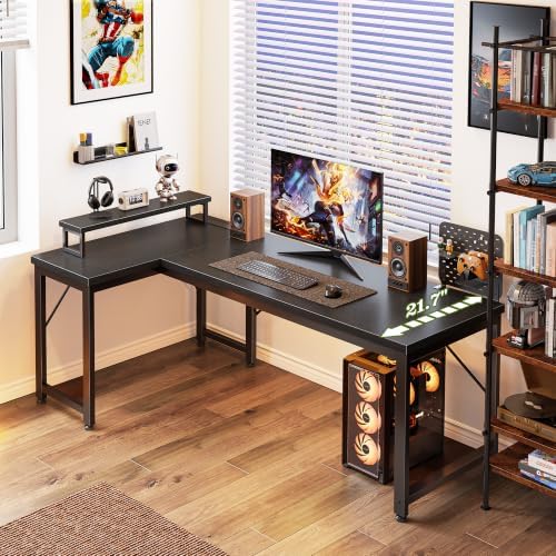 PRAISUN 53" L Shaped Computer Desk, Power Outlets, Monitor Stand, Black
