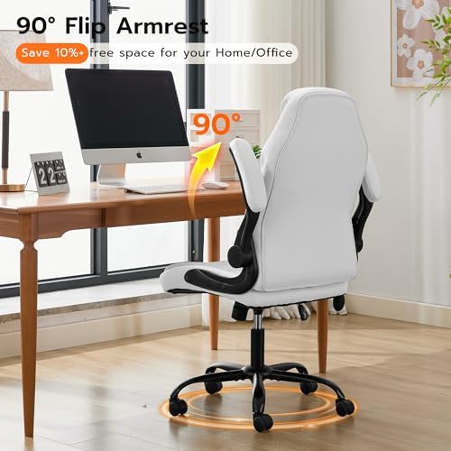 Ylzyxal Office Desk Chair, Ergonomic Computer Chair with Padded Flip-Up Arms and Adjustable Lumbar Support, PU Leather Executive Chair with Tilt Lock and 360° Swivel Rolling Wheels for Work, Study
