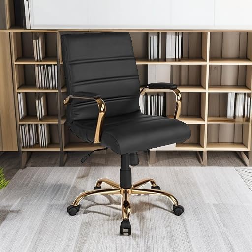Flash Furniture Mid-Back Black LeatherSoft Executive Swivel Office Chair with Gold Frame and Arms