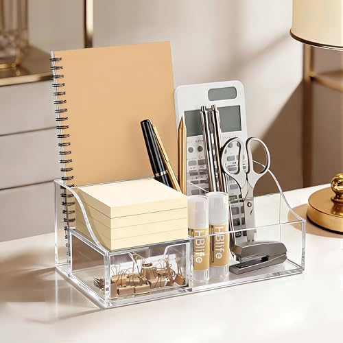 HBlife Acrylic Desk Organizer with Drawer, Pen & Pencil Holder, Multifunctional Desktop Caddy for Office Supply and Organization (Clear)