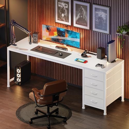 PRAISUN 63 Inch Computer Office Desk with Power Outelts and USB-C Port, Reversible Gaming Desk with 4 Fabric Drawers, Work Study Desk Work from Home, White