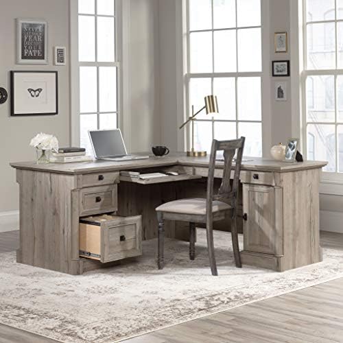 Sauder Palladia L Shaped Desk with Drawers, Office Desk with File Cabinet Storage, Cable Management, Keyboard Tray, in Split Oak finish