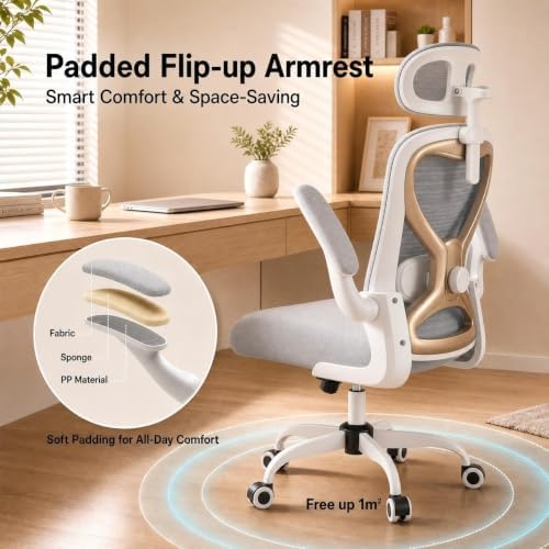 Home Office Desk Chairs, Ergonomic Office Chair with Lumbar Support & 3D Headrest, Computer Desk Chair with Flip-up Armrests, Perfect for Office or Study, Gray/Gold