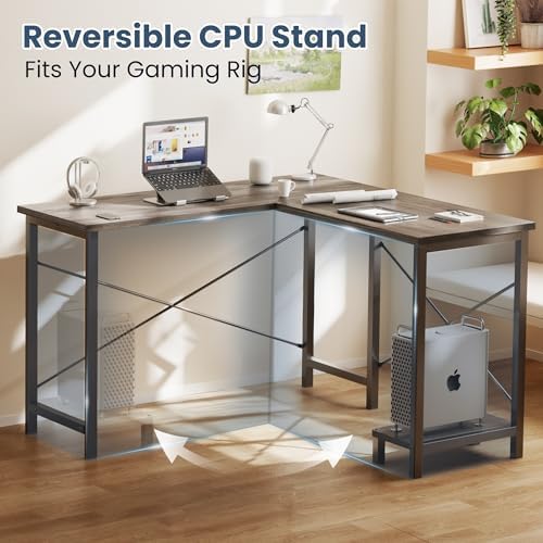 DUMOS 50-Inch Reversible L Shaped Desk with CPU Shelf, Grey