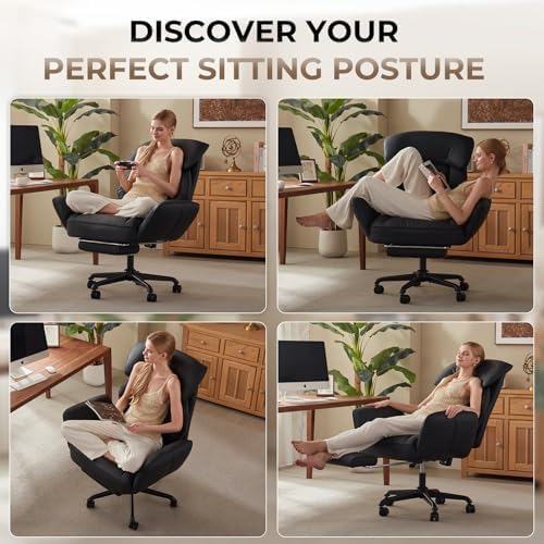 Dowinx Cross Legged Office Chair with Pivoting Armrests,Criss Cross Chair with Pocket Spring Seat & Back,Reclining Computer Gaming Chair with Footrest and Metal Base (Black)