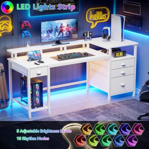 Furologee 60" White Computer Desk with 4 Drawers, Power Outlet, LED Lights