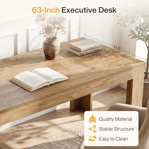 Tribesigns 63" Modern Home Office Desk, Wooden Computer Desk, Light Brown