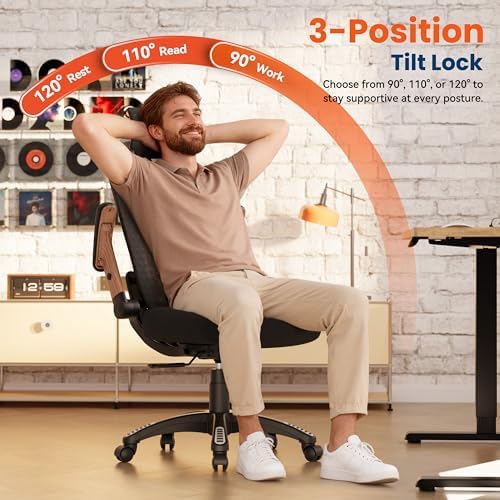 GABRYLLY Ergonomic Office Chair, High Back Home Desk Chair with Flip-Up Arms, 3D Headrest, Thick Sponge Seat &90-120° Recline, Big and Tall Mesh Executive Chairs for Man Woman, Black Woodgrain