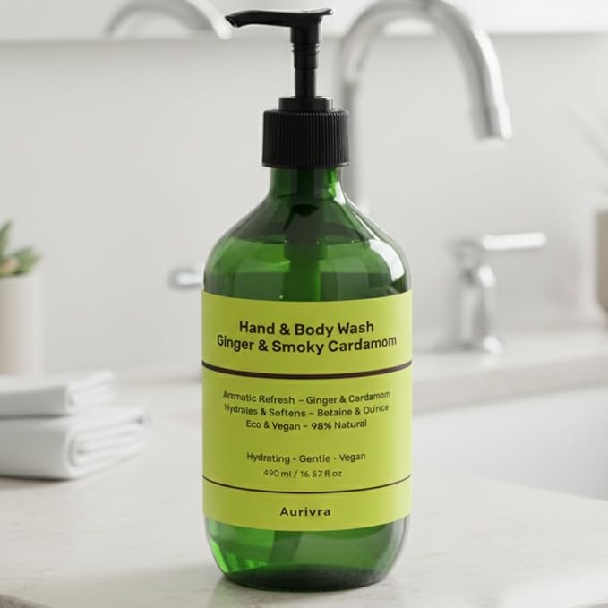 Hydrating Ginger & Smoky Cardamom Hand and Body Wash, 98% Natural, Vegan, Gentle Moisturizing Cleanser for All Skin Types, Paraben & Gluten-Free, Eco-Certified