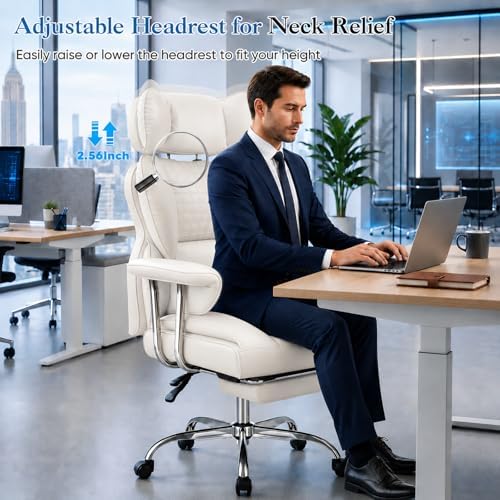 Big and Tall Office Chair 350 LBS, Scratch-Resistant PU Leather Executive Office Desk Chair with Footrest, Ergonomic Reclining Computer Chair with Pocket Spring Support for Home Office, Beige
