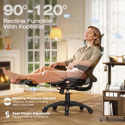 ELABEST X100 Ergonomic Mesh Office Chair with Footrest, Big and Tall Home Desk Chair with 5D Flip-Up Arms, Adjustable 3D Lumbar Support, Gaming & Executive Computer Chair