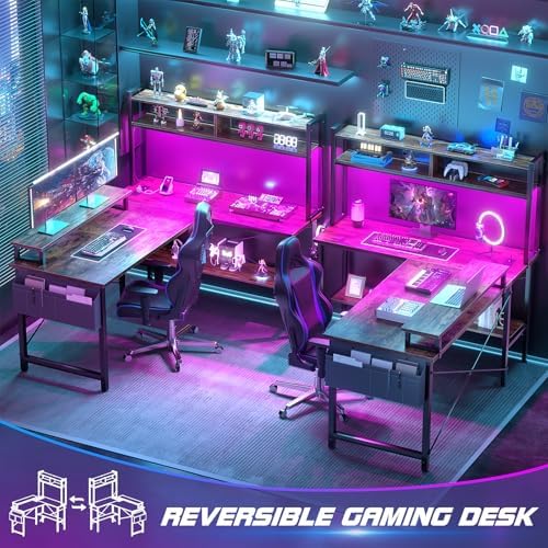 Aheaplus L Shaped Gaming Desk with Power Outlets & LED Lights, Rustic Brown