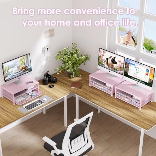 OPNICE Computer Monitor Stand Riser, Desk Organizer with Drawer, Printer & Laptop Stand, Office Desk Accessories & Workspace Desktop Organizers Storage for Office Supplies(Pink)