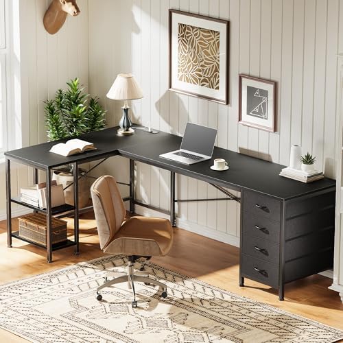 Huuger 63 Inch L Shaped Desk with Fabric Drawers, Reversible Computer Gaming Desk with Power Outlets and USB-C Port, Adjustable Side Storage Shelves, for Work Study Corner Home Office, Black