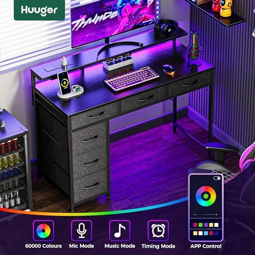 Huuger Gaming Desk with 6 Drawers, Computer Desk with LED Lights Power Outlets and Type-C, 39 Inch Office Desk with Storage, Monitor Stand, Writing Desk Work Desk Home Office, Bedroom, Black, 1CD100B