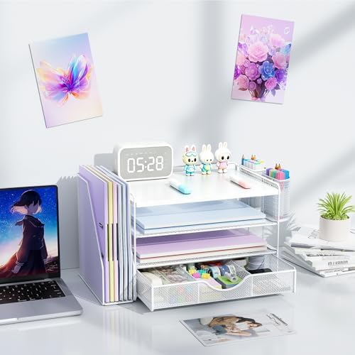 gianotter Wood Desk Organizers and Accessories with File Holder, 4-Tier Desk Accessories & Workspace Organizers with Drawer and 2 Pen Holder, Desk Reference Organizer (White, 4T with Metal Drawer)