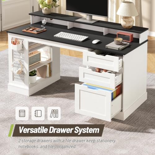 55-Inch Farmhouse Executive Desk with 2 Drawers and File Cabinet, Computer Desk with 3-Tier Storage Shelves, Home Office Desk with Charging Station, Pegboard and Monitor Shelf, White and Black