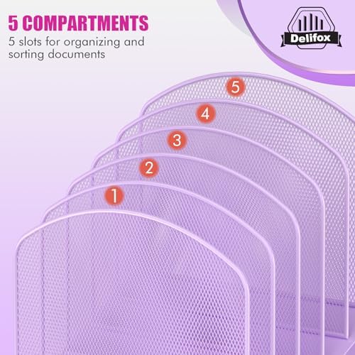 Delifox Inclined Desk File Organizer,Vertical File Folder Holder Stand Metal Rack File Sorter for Office Classroom Desktop Organization (1, Purple, 5)