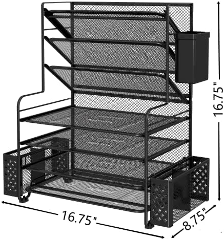 Simple Trending 7 Tier Desk File Organizer, Letter Tray Paper Organizer with Pen Holder and Metal Hanging Basket, Black
