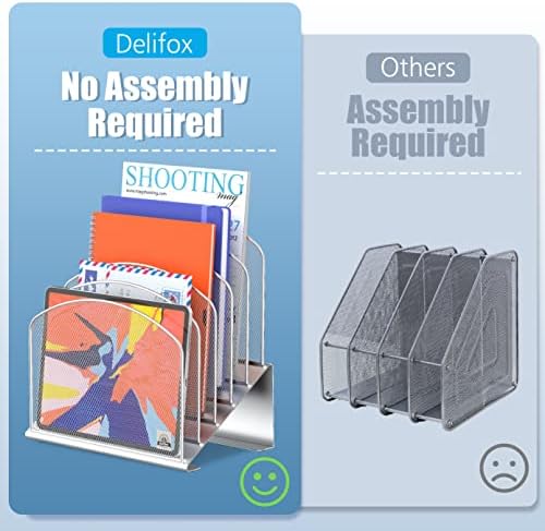 Delifox Inclined Desk File Organizer,Vertical File Folder Holder Stand Metal Rack File Sorter for Office Classroom Desktop Organization (2, Silver, 5)