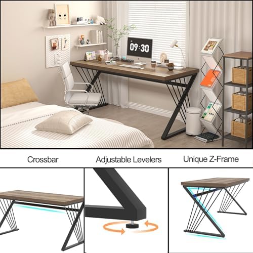 FOLUBAN Modern Home Office Desk, Wood and Metal Computer Desk, Industrial Study Writing Work Table for Bedroom Living Room, Oak, 60 Inch