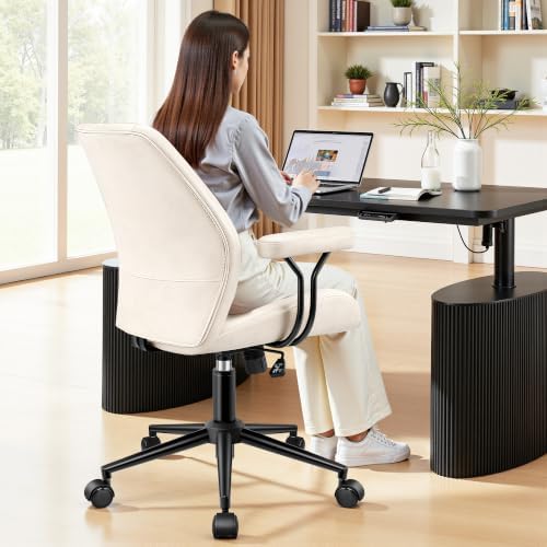 Leather Office Chair with Removable Armrests, Mid Back Ergonomic Desk Chair with Lumbar Support, Adjustable Height Rocking Swivel Executive Chair for Home Office, White