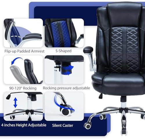 400lbs Executive Office Chair with Flip-Up Armrests, Big and Tall Computer Chair for Heavy People, Heavy Duty Ergonomic Comfy Chair, Breathable PU Leather (Black)