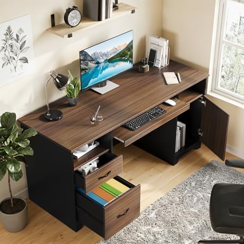 Bestier 59" Office Desk with File Drawer, Keyboard Tray & 2 Drawers, Cherry