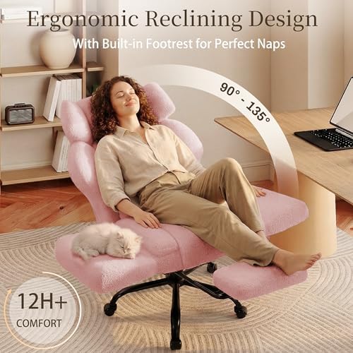 Office Chair with Flip Armrests,Big and Tall Office Chair with Foot Rest,Extra Wide Seat & Lumbar Pillow,Comfy Criss Cross Chair for Pets Sitting,Ergonomic Computer Gaming Chair,Teddy Fleece,Pink