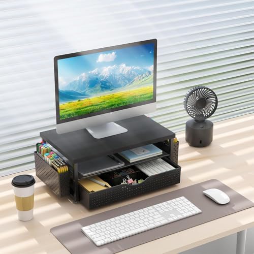 gianotter Desk Organizers and Accessories, Monitor Stand with Drawer and 2 Pen Holder, Desktop Organizer Suitable for Offices and Dormitories (Matte Black)