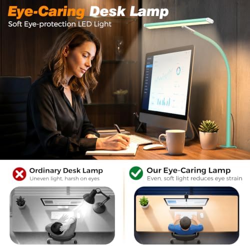 Airlonv LED Desk Lamp with Clamp, 17" Stepless Dimming Light, Mint Green