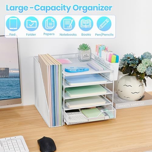 5-Tier Desk File Organizer with Drawer & Pen Holder (White)