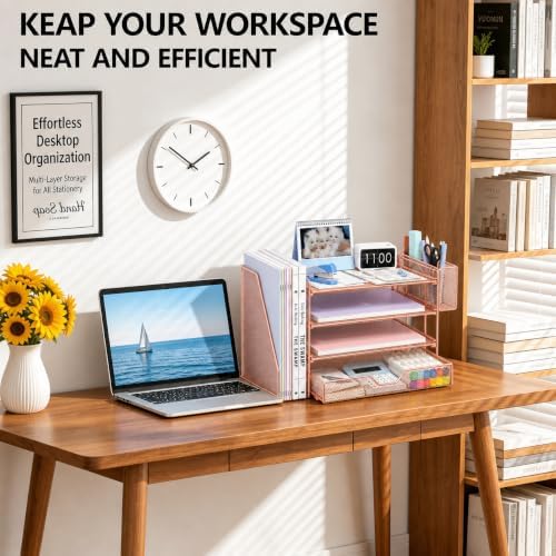 OPNICE Desk Organizers and Accessories, 4-Tier Desktop File Organizer with Drawer and Pen Holders, Office Desk Accessories Workspace Organizers for Office Supplies (Rose Gold)