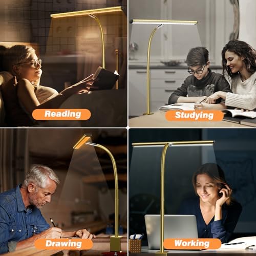 Airlonv LED Desk Lamp with Clamp, 17" Stepless Dimming Light, Gold