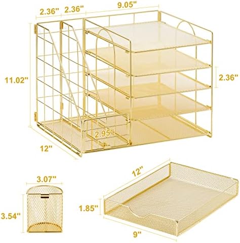 Marbrasse Desk Organizer with File Holder, 5-Tier Paper Letter Tray Organizer with Drawer and 2 Pen Holder, Mesh Desktop Organizer and Storage with Magazine Holder for Office Supplies (Gold 2p)
