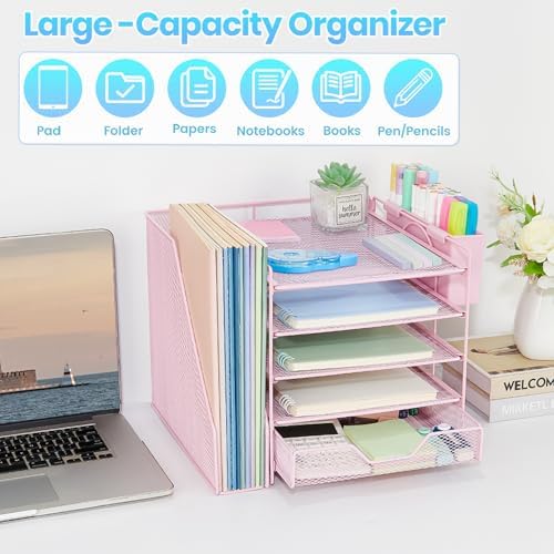 5-Tier Desk File Organizer with Drawer & Pen Holder (Pink)