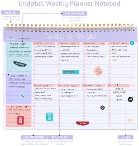 Thboxes Weekly To Do List Notepad, 8.5"x11" Desk Planner 52 Sheets, Purple