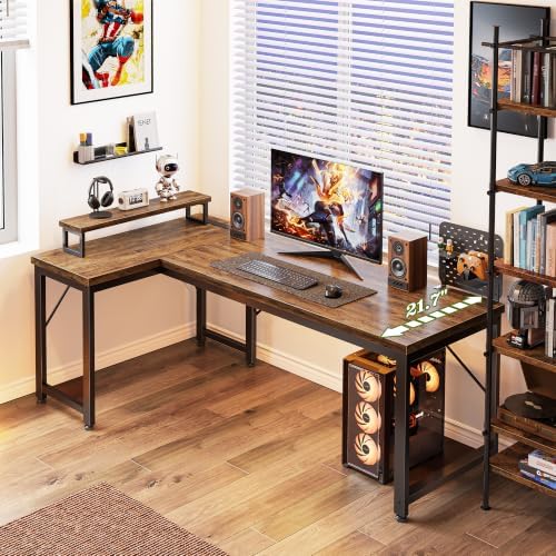 PRAISUN 53" L Shaped Computer Desk, Outlets, Monitor Stand, Rustic Brown